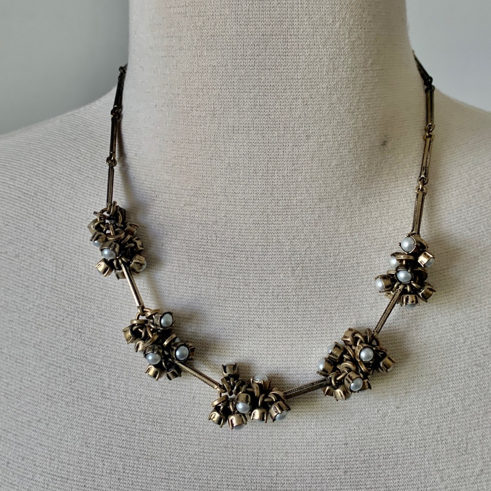 LOFT Brass and Pearl Cluster Necklace